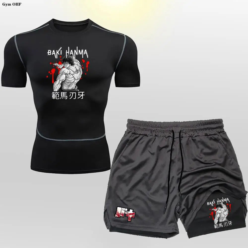 Anime Baki Sport Suits Runing Compression Shirt Shorts Sets Gym Fitness Jogging Training Rashguard Sportwear 2 in 1 Mens