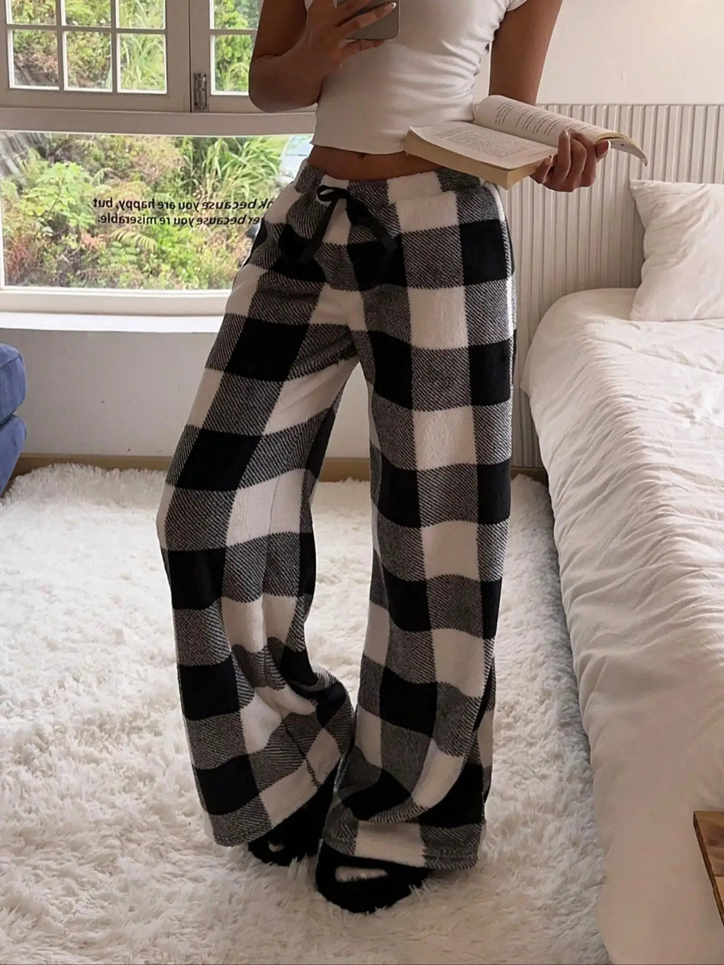 Women Casual Trousers Elastic Waistband Drawstring Tie Pajama Bottoms Leopard Print Wide Leg Lounge Pants