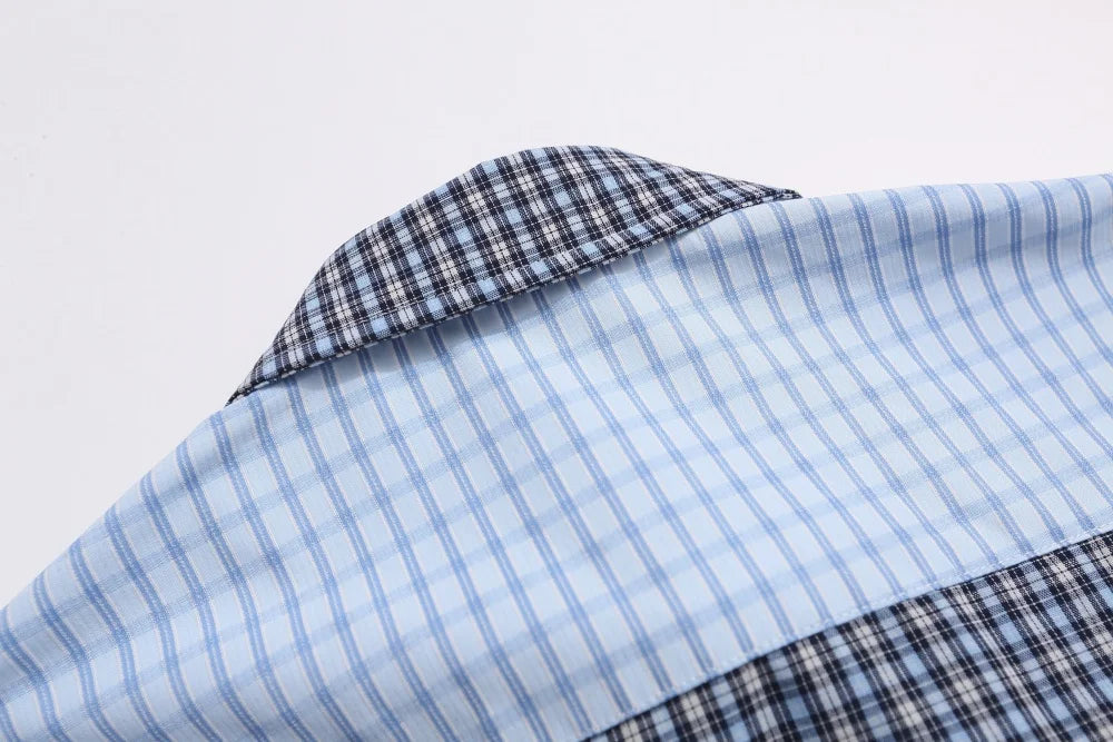 Plaid Patchwork Long Sleeve Shirts Mens Cartoon Embroidery Spring Retro Casual Loose Lapel Single Breasted Shirts Man