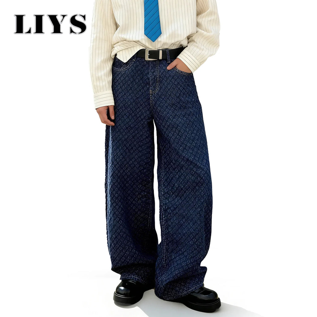LIYS Trendy Japanese-Korean Jacquard Blue Baggy Straight Leg Jeans American Retro Daily Casual  Wide-leg Denim Pants Unisex