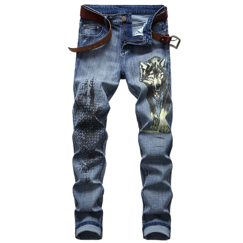 2026 Men's Blue 3D Printing Jeans, Black Wolf Pattern Printed Punk Straight Cotton Casual Print Denim Pants Asian Size 28-42