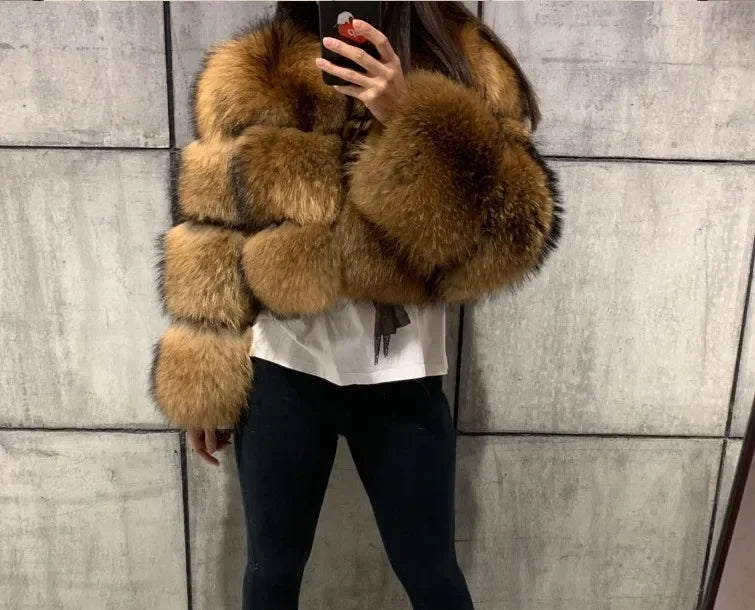 Punk Fake Raccoon Fur Jacket Women Autumn Winter Faux Fur Fox Coats Short Coat Jackets Furry Outerwear Work Thick Warm Coats