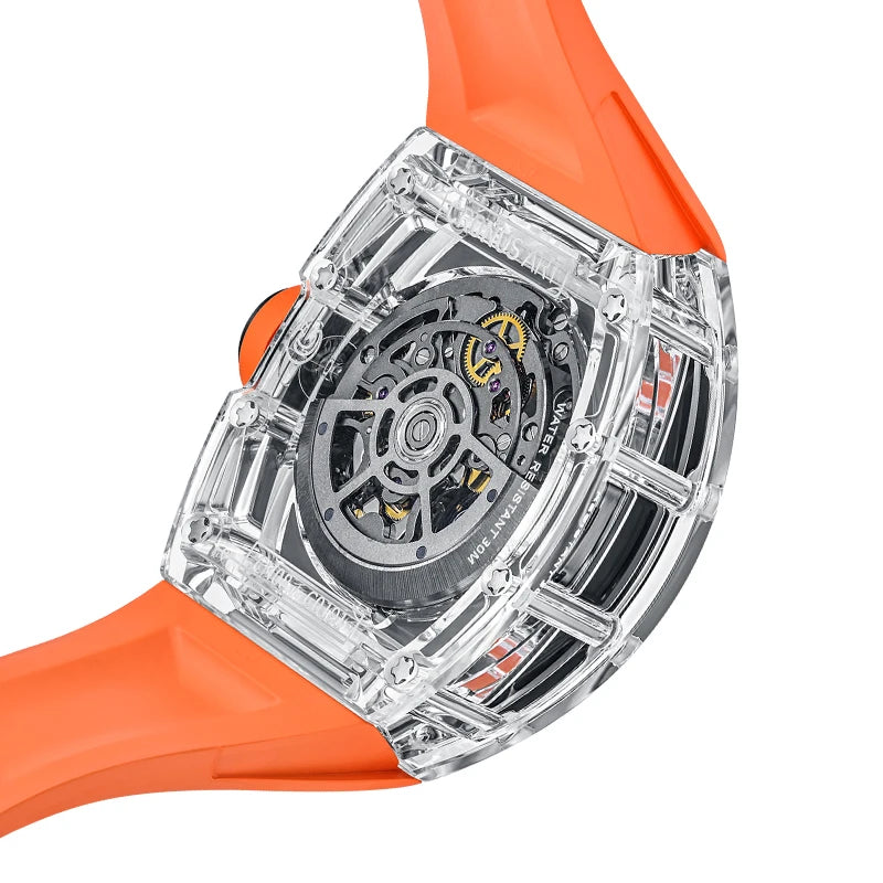 CRONUSART Men Chronograph Watch Tonneau Mechanical Wristwatch Sapphire Case & Mirror Luminous FKM Strap Skeleton Dial