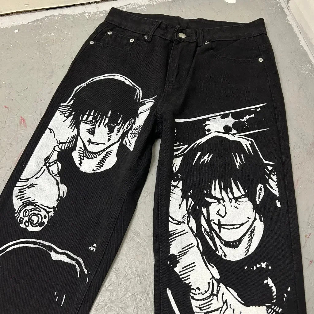 Harajuku High Street Popular Anime Jeans Y2k Baggy Jeans Vintage Wide Leg Denim PantsStreetwear Couples Trouser Men Clothing