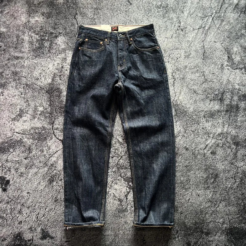 15oz Heavyweight Thick Selvedge Indigo Denim Jeans Sakura Ruffle 2025 Spring 100% Cotton Loose Straight Pants Japanese Men