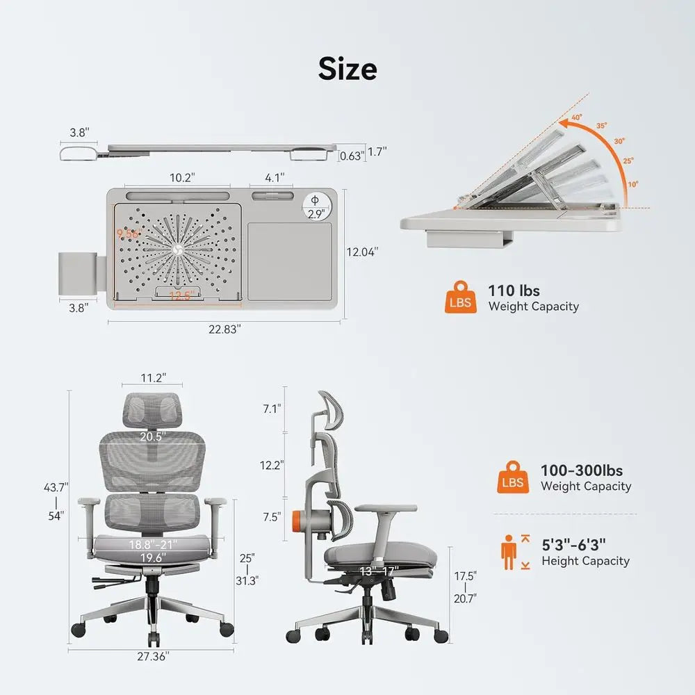 Ergonomic Home Office Chair for Big and Tall, Auto-Adjusting Lumbar Support, Adjustable Seat and Height, with Footrest, Gray