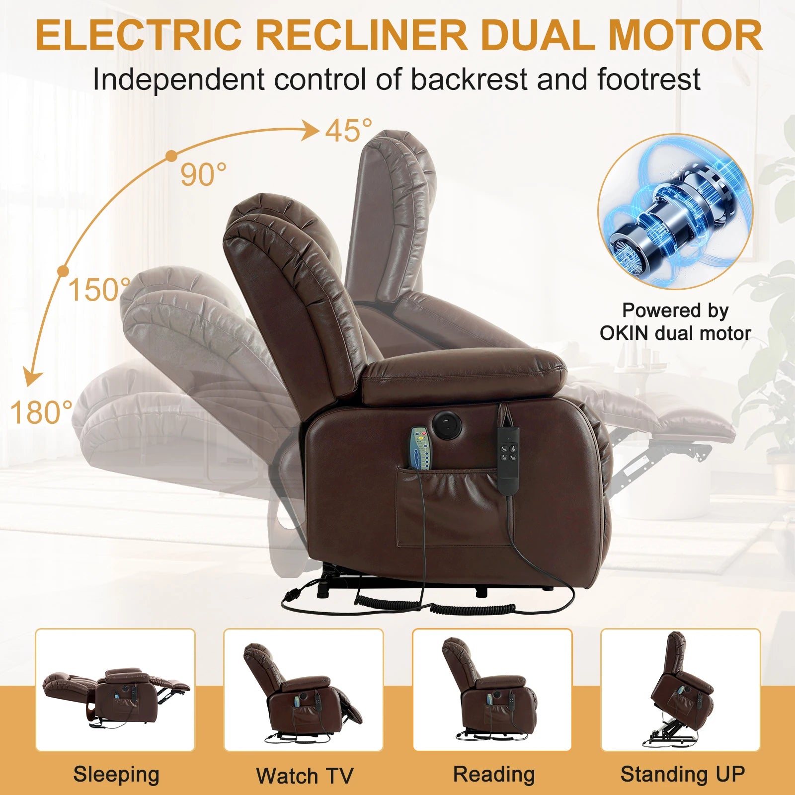 Power Lift Recliner Dual Motor, Electric Leather Chair for Elderly with Heat and Massage, Lay Flat Recliner with Storage