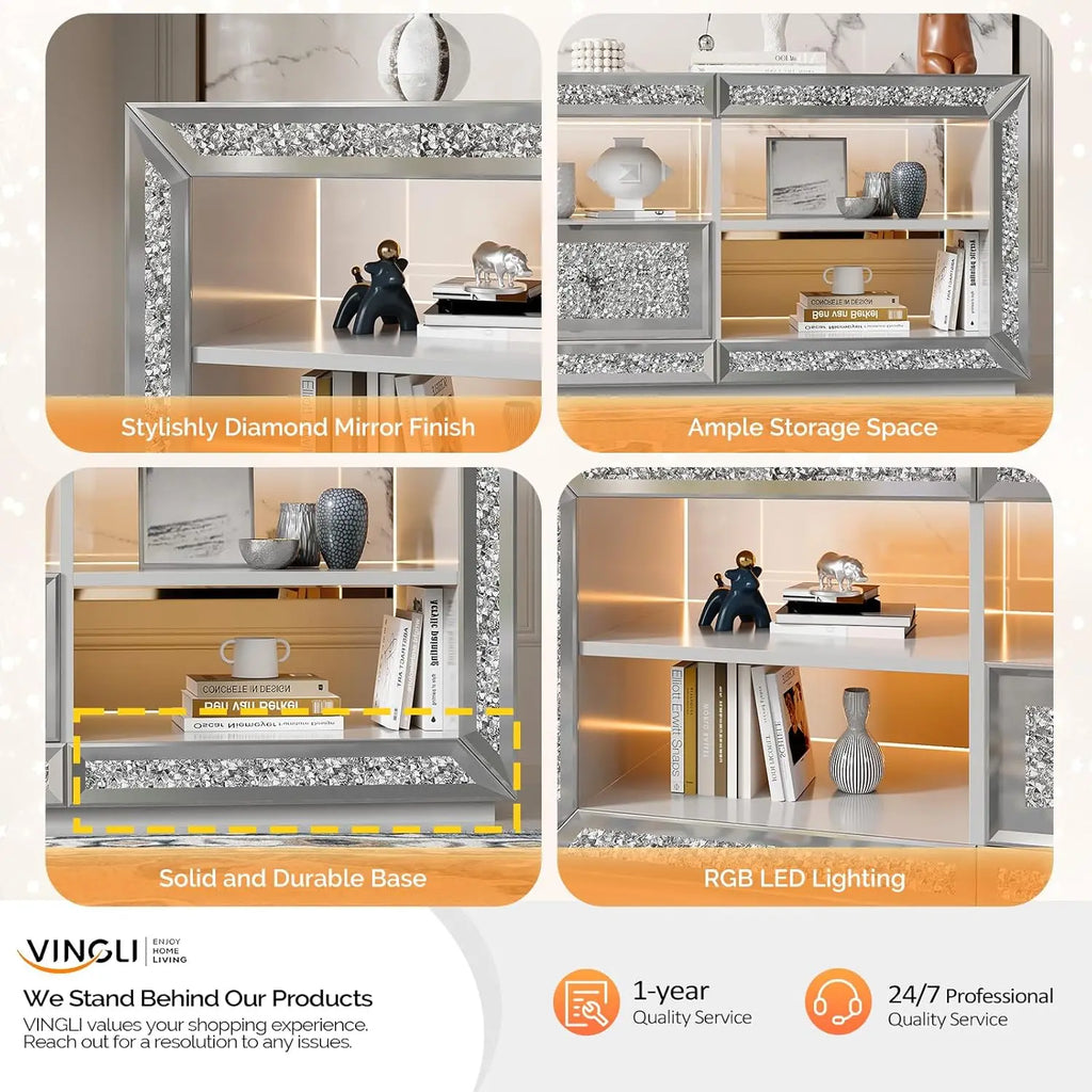 Mirrored TV Stand with Sparkling Diamonds & LED Lights for TVs Up to 65 Inch, Assembled Modern Entertainment Center with Drawer