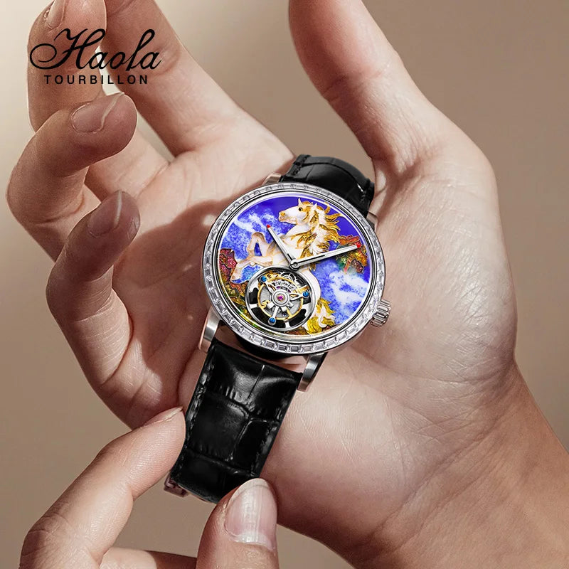 Haofa Flying Tourbillon Mechanical Man Watch 2261 Sapphire Automatic Tourbillon Men Watches Intangible Heritage Enamel Oriental