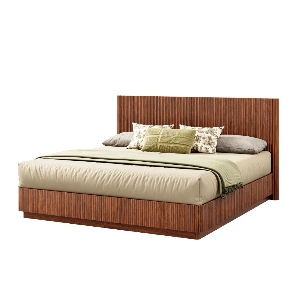 Kind Size Bed Frame with LED Lights, Modern Wooden Corrugated Curved Lines, Convex Groove Board Design, Walnut.