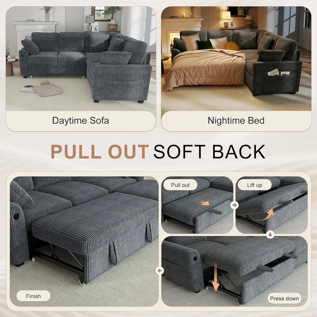 L Shaped Sectional Sleeper Sofa with Pull Out Bed Storage USB Charging Living Room Apartment, Custom