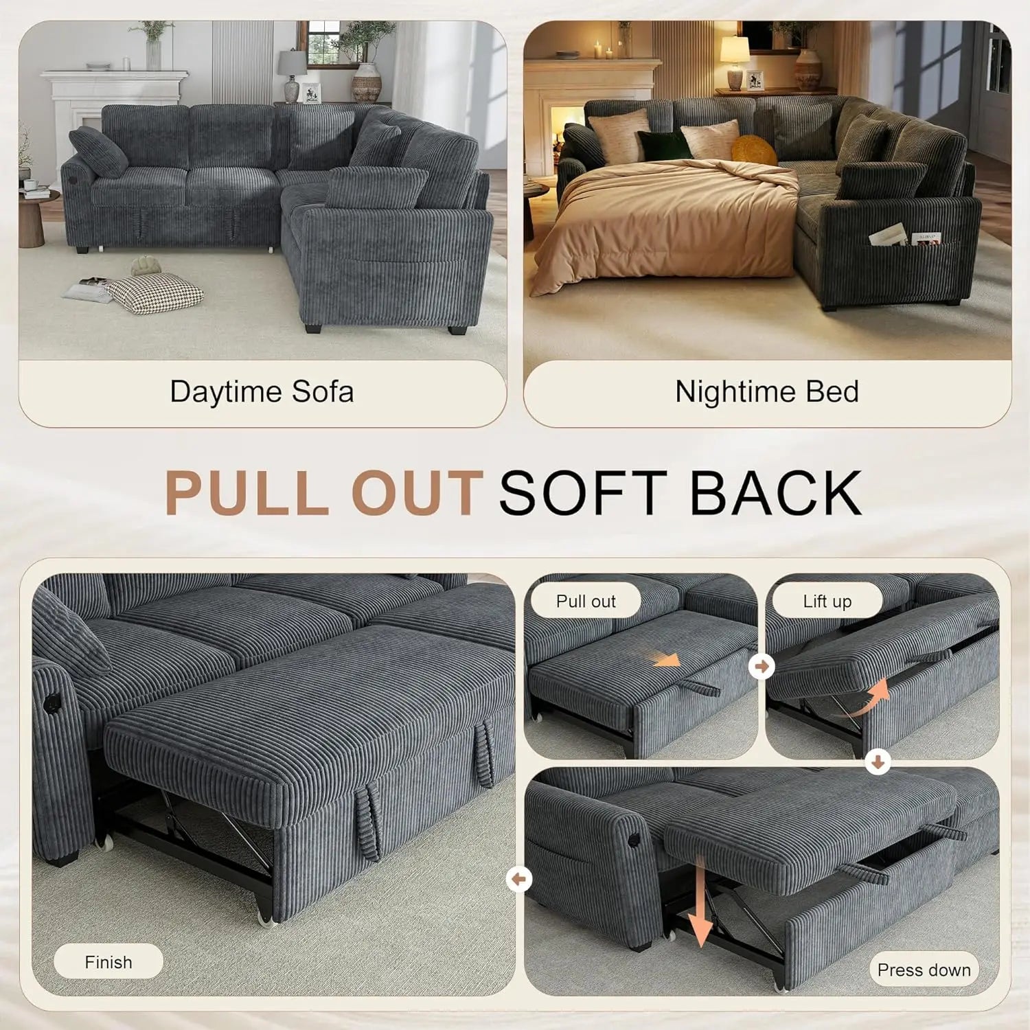 L Shaped Sectional Sleeper Sofa with Pull Out Bed Storage USB Charging Living Room Apartment, Custom
