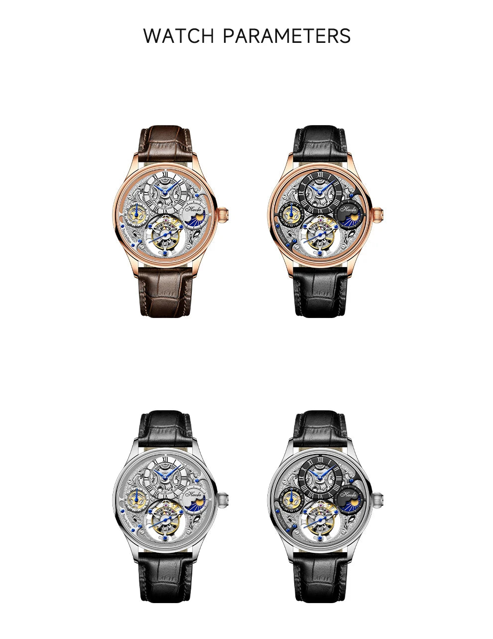 Haofa GMT Flying Tourbillon Mechanical Man Watch Skeleton Tourbillon Movement Luxury Moon Phase Watches for man Hollow 1035