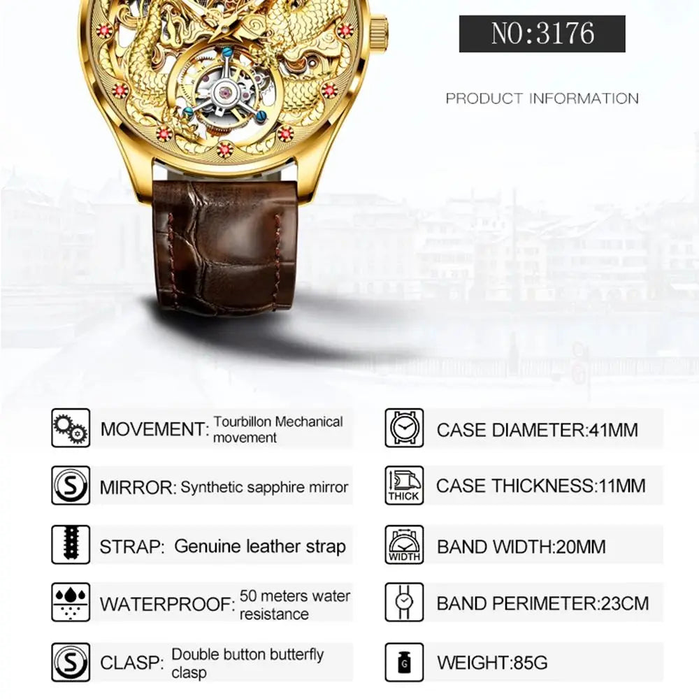OUPINKE 3176 Original Tourbillon Automatic Movement Men's Watch Leather Strap Waterproof 3D Golden Dragon Fashion Watch Man
