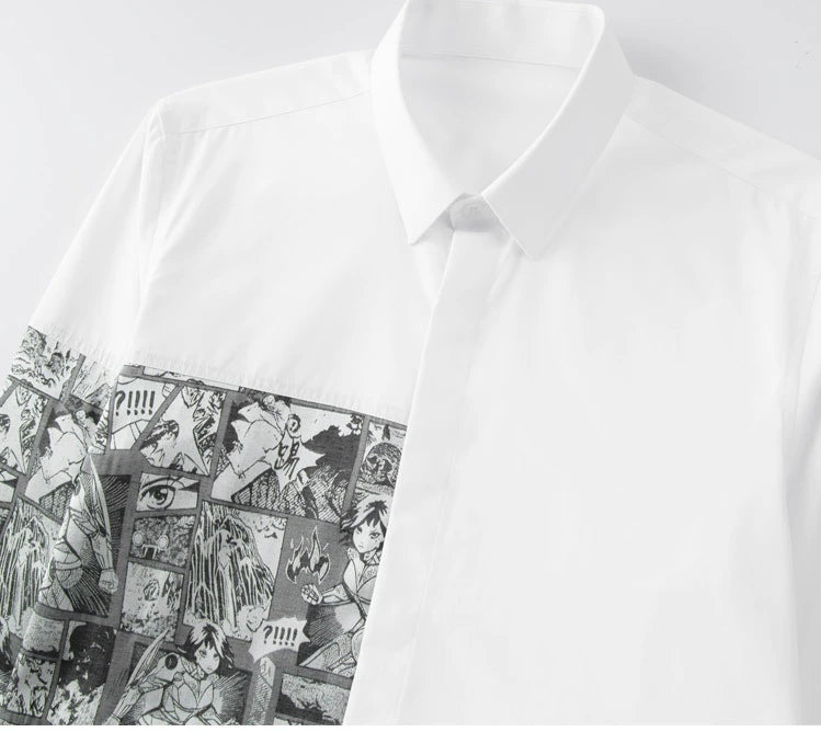 2024 Cartoon Printed Splicing Shirt for Men Long Sleeve Slim Casual Shirts Fashion Lapel Slim Fit Social Streetwear Men Clothing