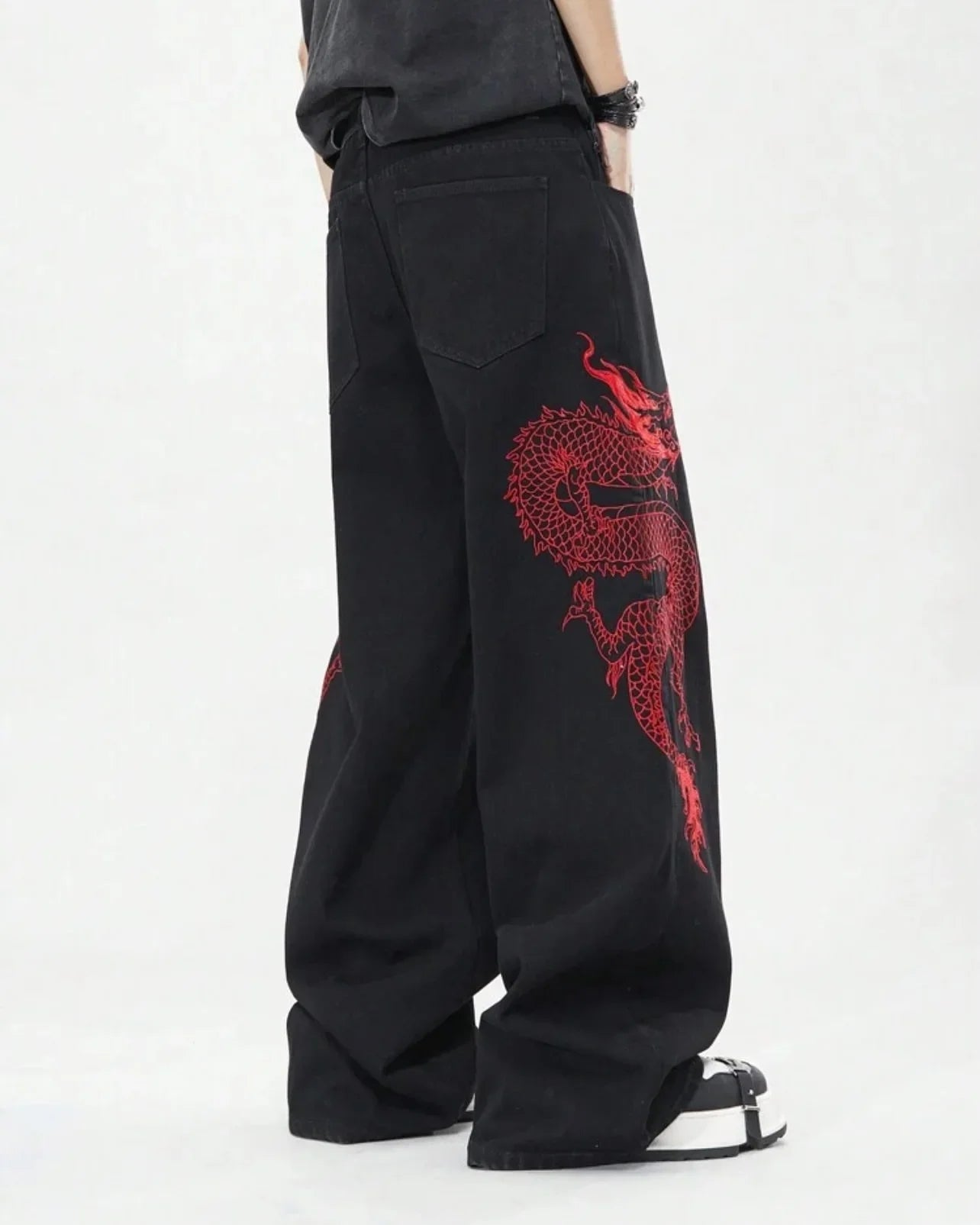 American Black New Retro Oriental Animal Print Fashion Loose Jeans Men And Women High Waist Hip-Hop Casual Straight Pants
