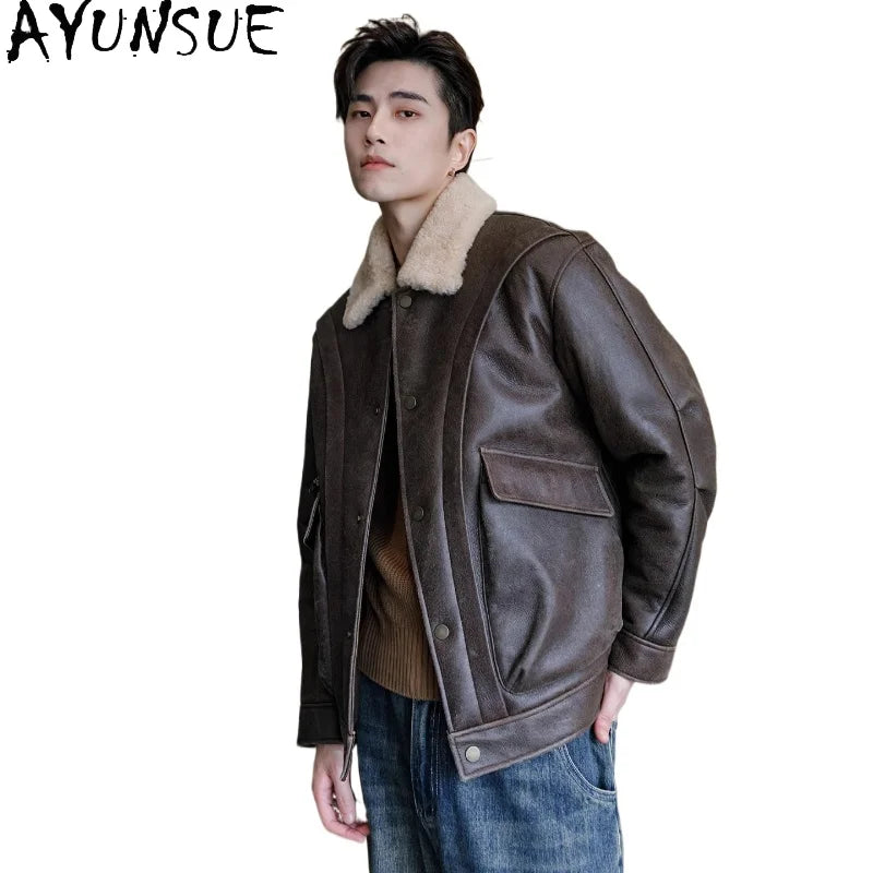 AYUNSUE Natural Sheepskin Fur Coat Men Autumn Winter New Short Real Wool Man Vintage Leather Jacket Motorcycle Fur Coats Jackets