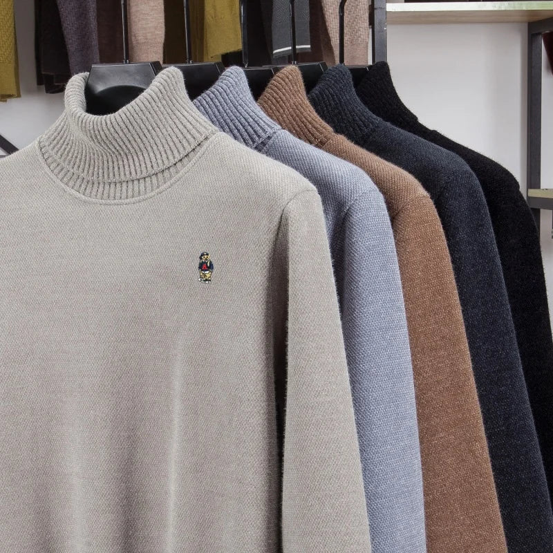Brand cartoon bear embroidered high neck sweater luxury high end brand trend knit pullover casual warm plush comfort men's wear