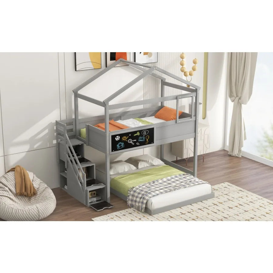 Twin over Full House Bunk Bed with Storage Staircase and Blackboard Gray Old SKU: GX001701AAE