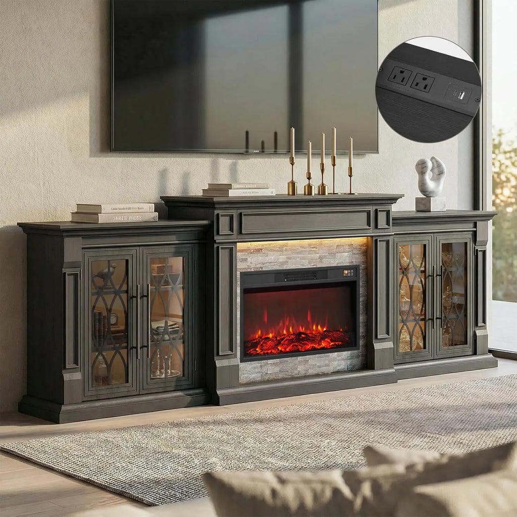 104" LED Fireplace TV Stand with Outlet for TVs Up to 100 Inch, Electric Fireplace with Mantel,with Storage,Entertainment Center