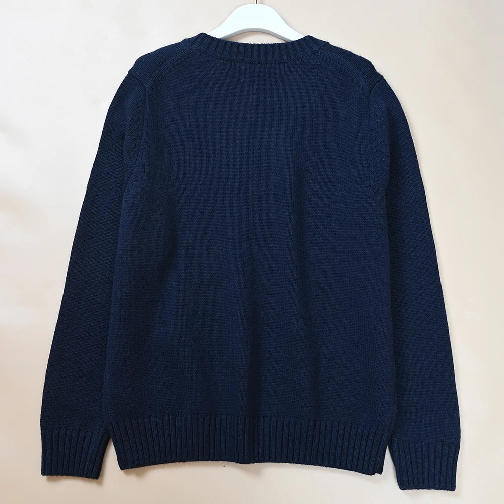 Autumn Winter Men's Knitted Sweater Heavy Embroidery Cartoon Pattern round Neck College Style Ageless Versatile Long Sleeve Top