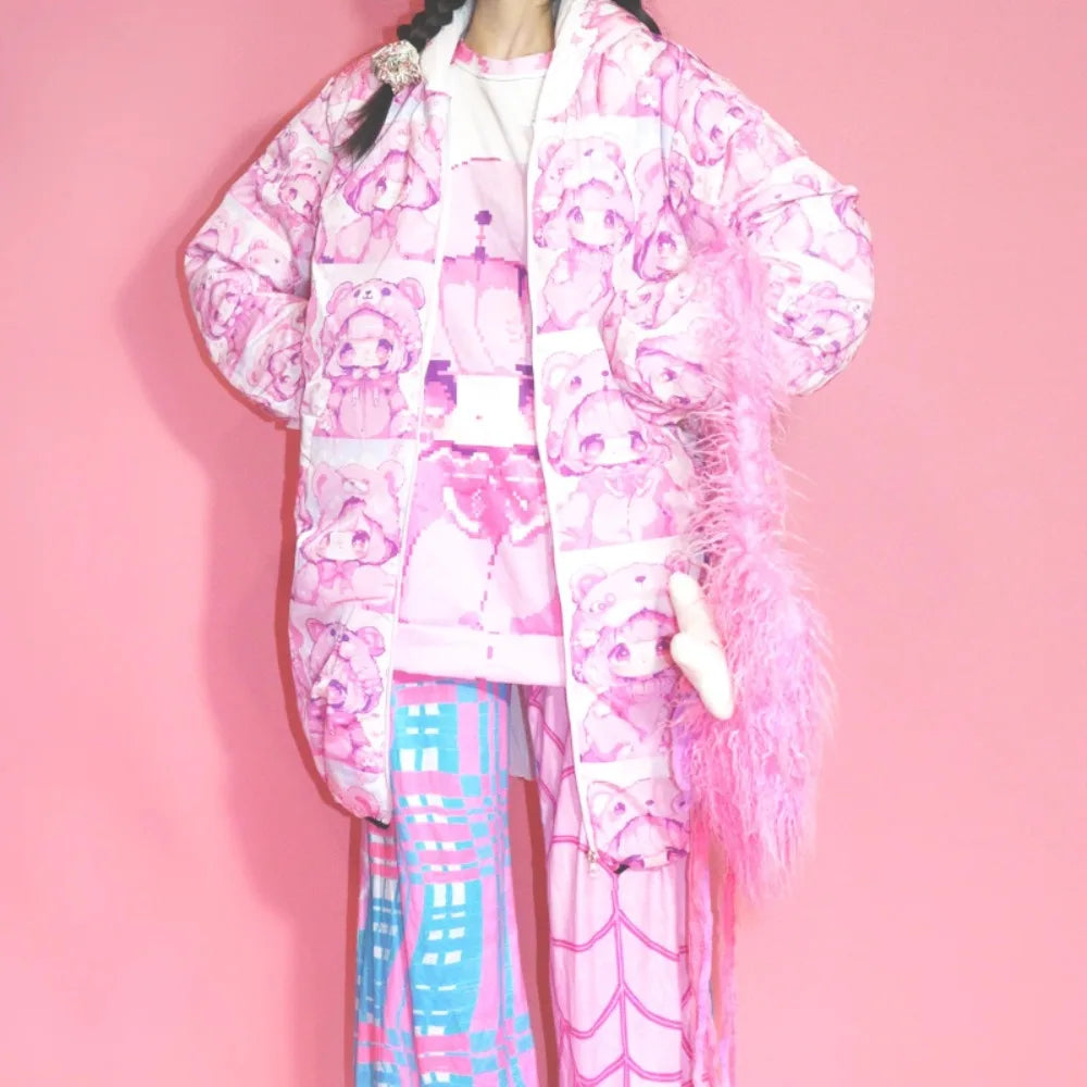 Original Design Cartoon Anime Print Stand Collar Women's Cotton Jacket Winter New Loose Down Coat Cute Thickened Coats Ladies