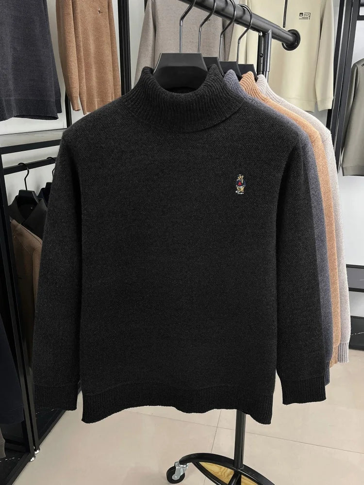 Light luxury men knitted high neck sweater new trend brand cartoon bear embroidery soft plush thicken casual versatile pullover