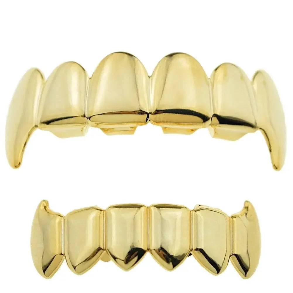 Gold Silver Plated HIP HOP Teeth Grillz Top & Bottom Grills Set With silicone Real Shiny Vampire Tooth Sets