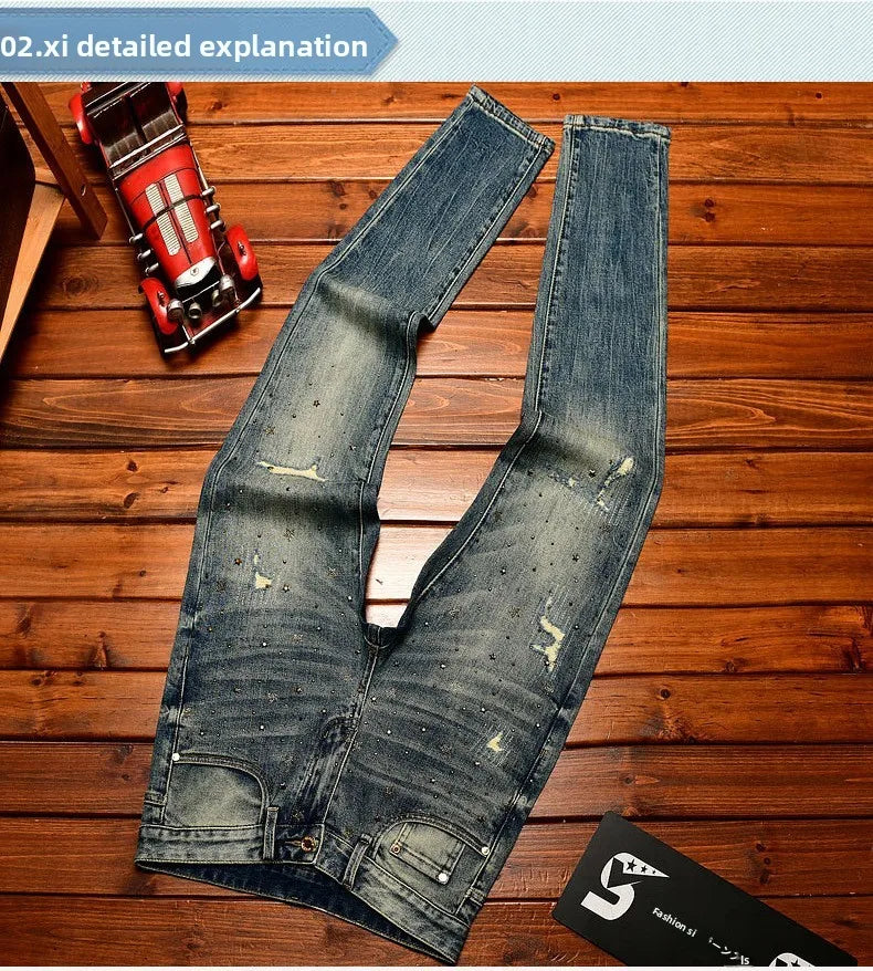 Fashionable light luxury jeans with men's patch design trendy retro elastic ripped pants