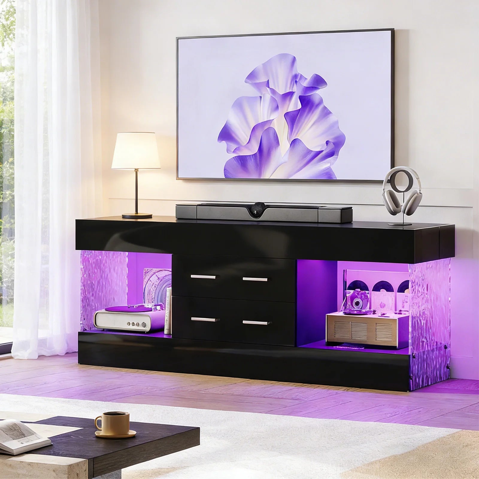 NOST&HOST Modern 60 Inch TV Stand for 65/60/55+ TV, High Gloss Black Entertainment Center with 2 Drawers & LED Lights for Living Room