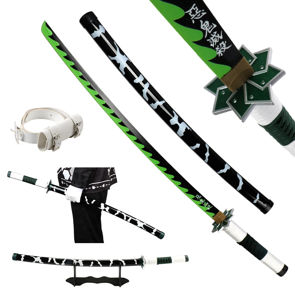 104cm Anime Slayer Katana Sword Kimetsu no Yaiba Wooden Cosplay Anime Weapons Sword Toy Katanas with Display Stand and Belt