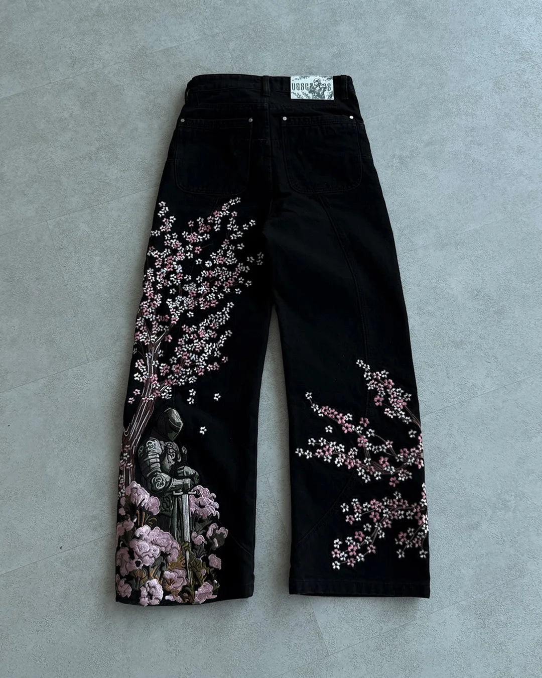 Y2k Vintage Baggy Fallen Knight Cherry Blossom Embroidery Jeans Men Women Fashion Straight Wide-leg Denim Pants Streetwear Jean