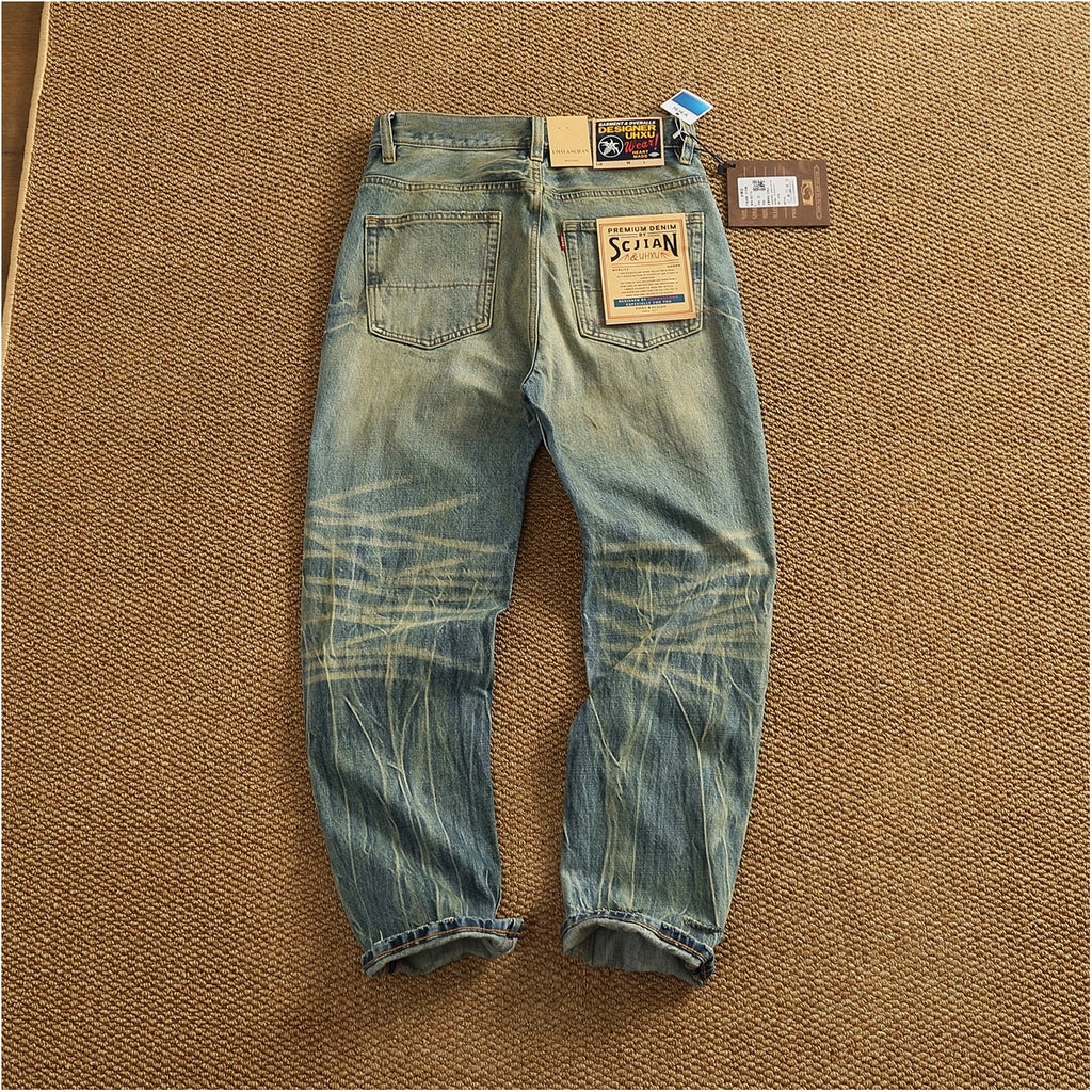 2025 Autumn New American Retro Heavyweight Ripped Denim Men's Fashion 100% Cotton Washed Old Straight Tapered Casual Jeans