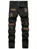 New European and American model: black, dirty, print, ripped, trendy men’s jeans.
