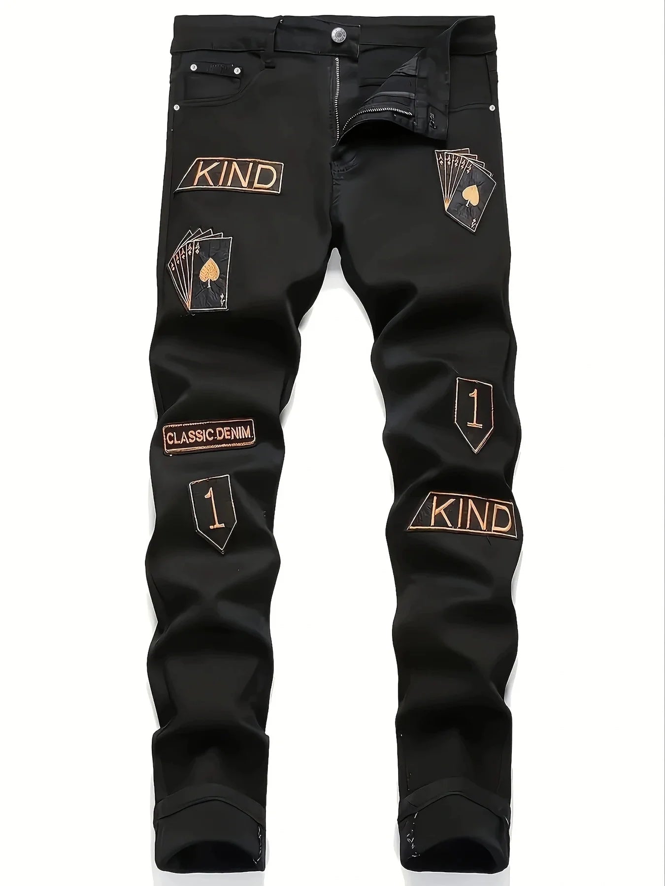 New European and American model: black, dirty, print, ripped, trendy men’s jeans.