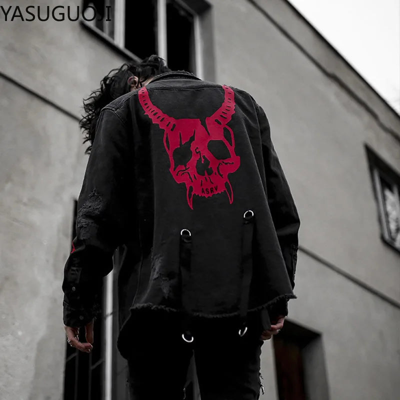 Gothic Demon Hunter Skull Black Denim Jacket Men Rock Punk Heavy Metal Sweatshirt Sudadera Hole Streetwear Mens Jean Jacket