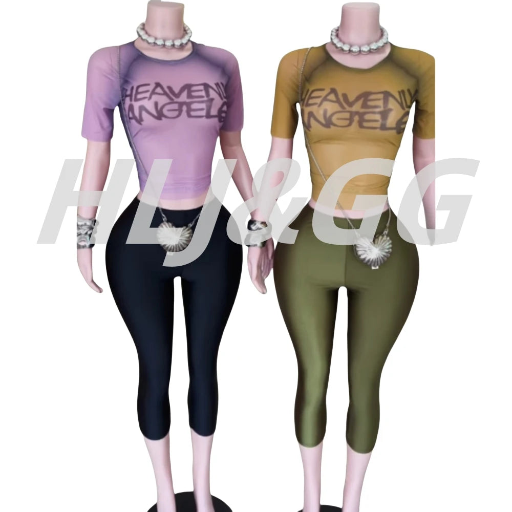 HLJ&GG American Vintage Fashion Letter Mesh See Though Two Piece Sets Women O Neck Short Sleeve Slim Crop Top And Pants Outfits