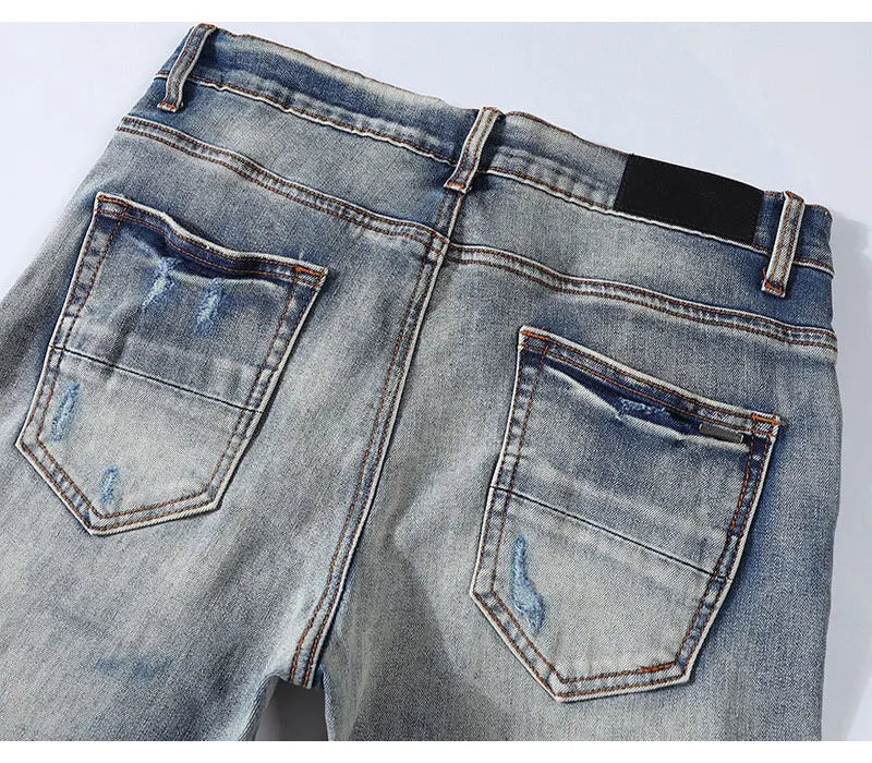 European and American designers fashion new men's jeans stretch slim fit retro light blue patchwork white patch jeans high stree