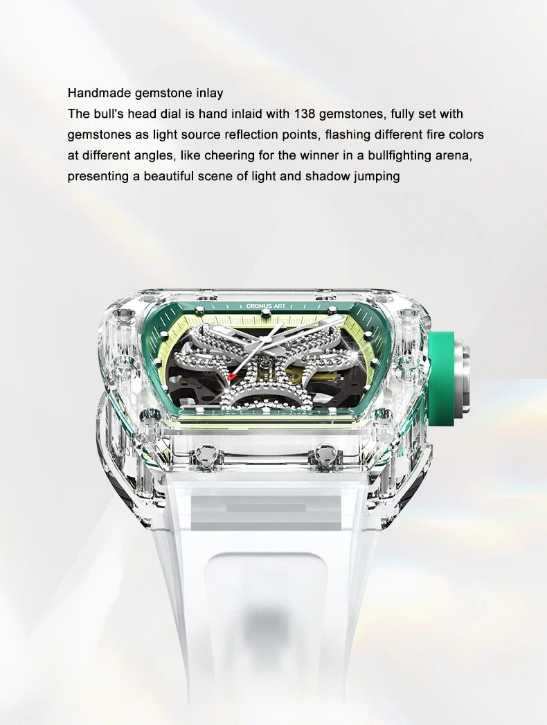 CRONUSART Men Automatic Watch 50mm Tonneau Mechanical Wristwatch Sapphire Case & Mirror Luminous FKM Strap Skeleton Bull Dial