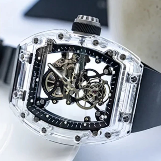 CRONUSART Men Tourbillon Watch 50mm Tonneau Mechanical Wristwatch Sapphire Case Mirror Luminous Fluororubber Strap Skeleton Dial