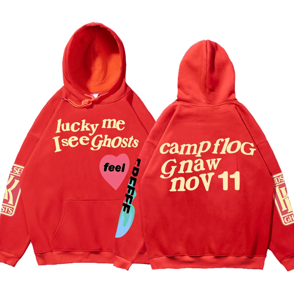 Graffiti Letter Printed Loose Hooded Kanye Sweatshirts Men Oversized Fleece Luck Me I See Ghosts Hoodie Unisex Pullover Hoody