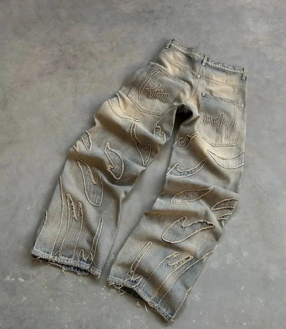 New Y2K Harajuku Retro Graphic Patch Jeans Hip Hop Gothic Raw Edge Embroidery Black Baggy Jeans Wide Leg Denim Pants Mens Womens