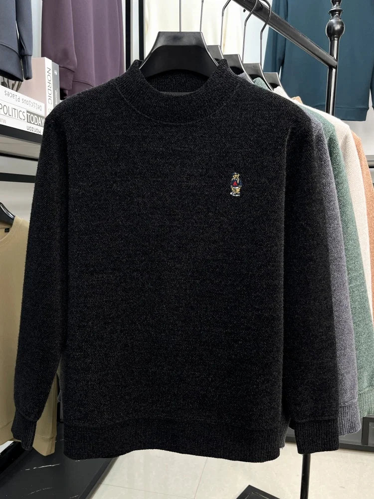 Fashion cartoon teddy bear embroidery knitted sweater high neck pullover luxury brand plush warm autumn winter casual men's wear