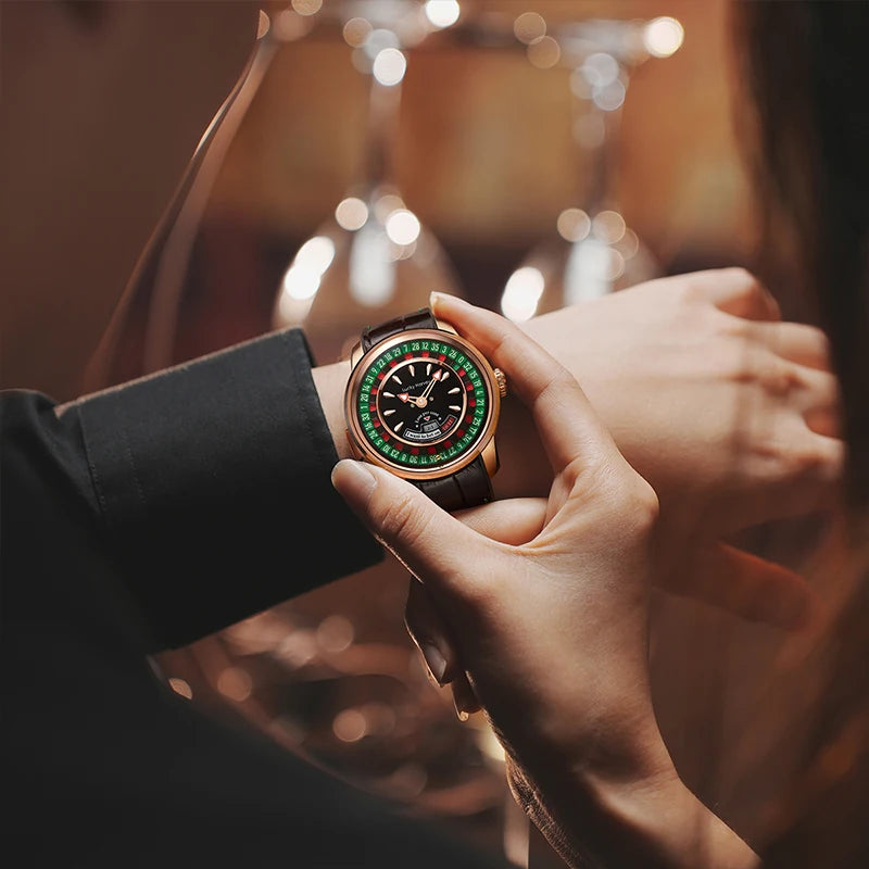 Lucky Harvey Player Series Mechanical Watches for Men European Roulette Game Dial Automatic Movement Funny Design Party Watch