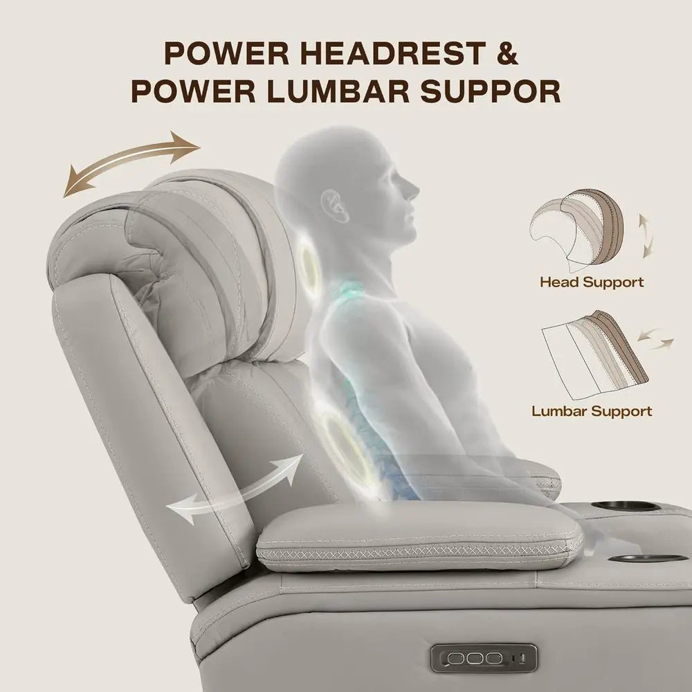 Oversized Genuine Leather Electric Recliner Chair with Power Adjustable Rest and Lumbar Support, Hidden Storage, Light Grey for