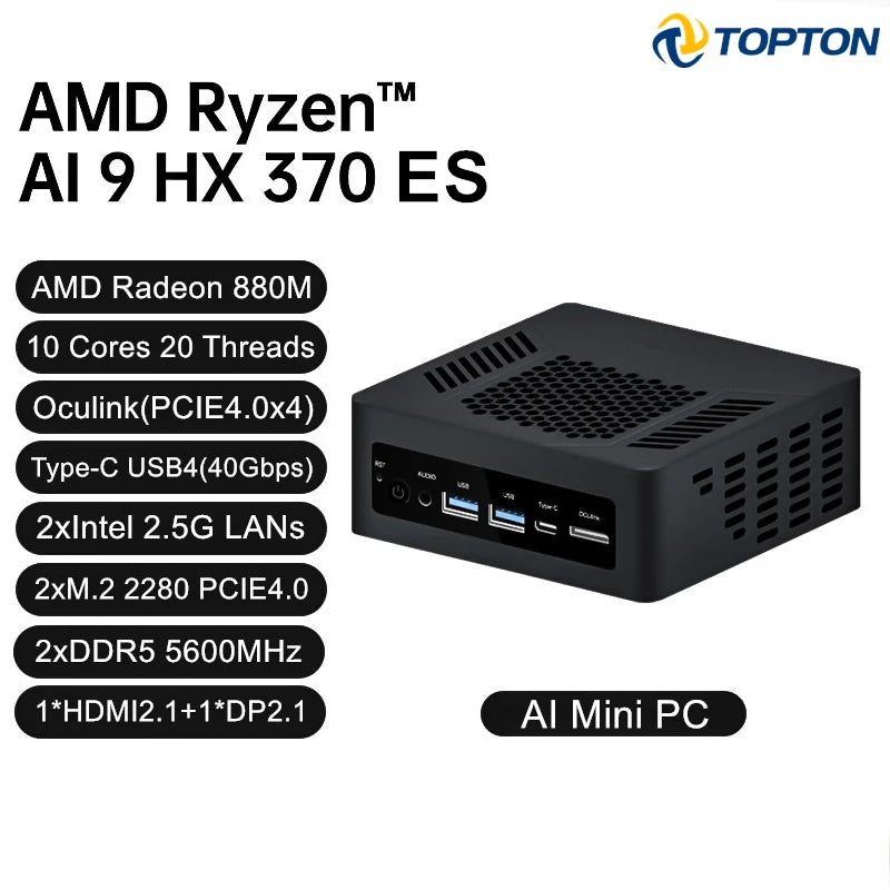 TOPC Mini PC Gaming Desktop Computer for Ryzen AI 9 HX 370 7 H 350 OCuLink USB4 2x2.5G LAN 2xPCIe Windows 11 WiFi6E