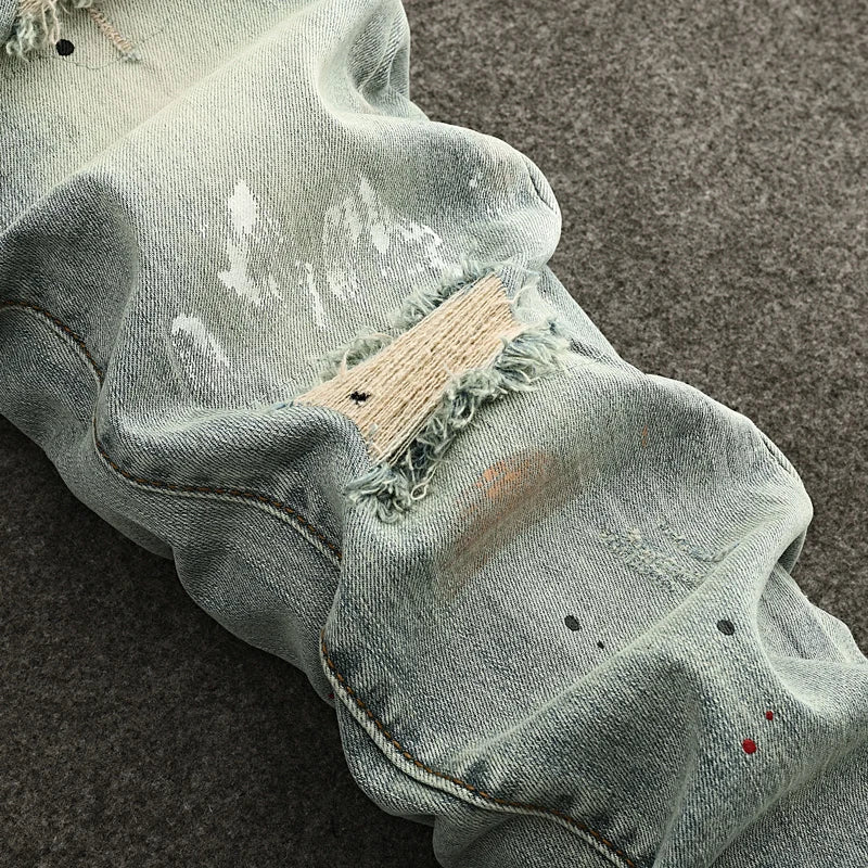 High Street Fashion Men Jeans Retro Washed Blue Stretch Slim Fit Ripped Jeans Men Painted Designer Vintage Denim Pencil Pants
