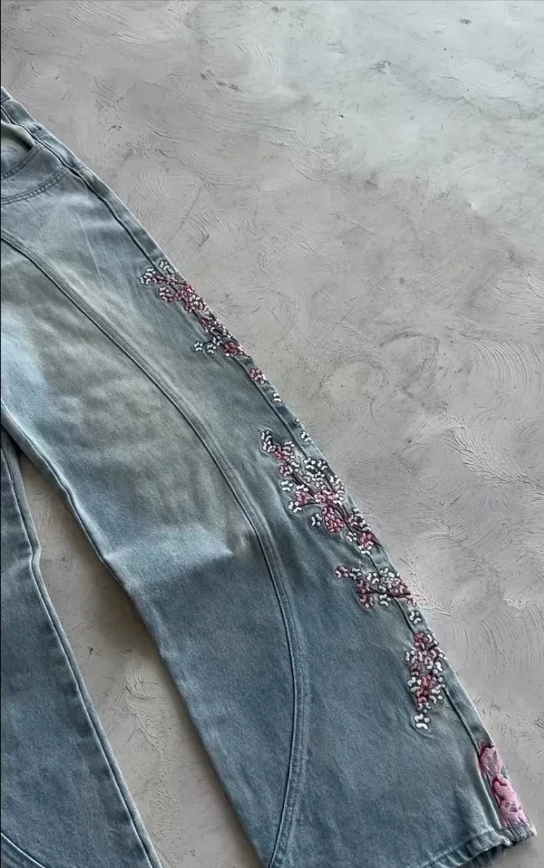 Fallen Knight Cherry Blossom Embroidery Denim Pants Y2k Vintage Women Baggy Straight Wide Leg Jeans Street Men Clothing Trousers