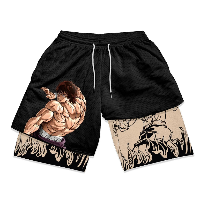 Anime Baki Hanma Gym Workout Shorts for Men Athletic Quick Dry 2 in 1 Compression Shorts Cosplay Costume