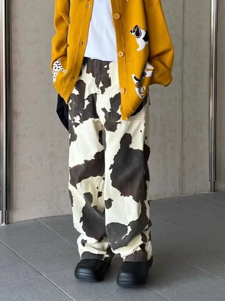 2024 Ropa Y2K Fashion Cow Pattern Baggy New Jeans Pants For Women Designer Clothes Straight Cotton Korean Casual Lady Trousers